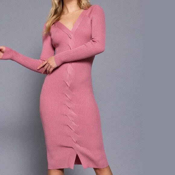 Deep Double V-neck Twist Detail Sweater Stretch Midi Dress in Black or Pink - Picture 4 of 16